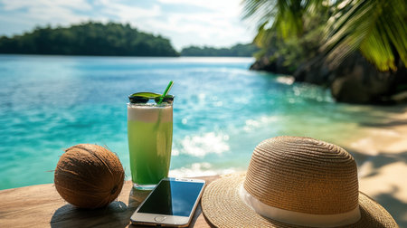 A vibrant tropical drink sits on a wooden table beside a smartphone and coconut, while a sun hat adds charm to the relaxing beach scene, evoking vacation vibes.の素材