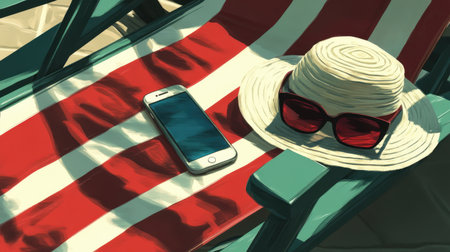 A serene summer scene showcases a stylish straw hat and sunglasses resting on a red-striped deck chair next to a smartphone, creating a perfect vacation atmosphere.の素材