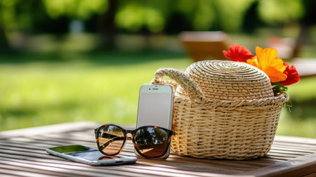 A serene outdoor setup featuring sunglasses and a smartphone beside a woven basket with vibrant flowers, perfect for summer relaxation in a picturesque park environment.の素材
