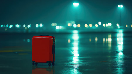 A striking red suitcase rests on a glossy airport runway, surrounded by a dreamlike ambiance created by soft bokeh lights, evoking feelings of adventure and wanderlust.の素材