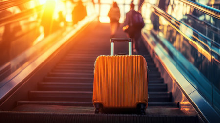 Vibrant orange suitcase stands on an escalator as people descend in the background during sunset, showing the essence of travel and adventure in an urban setting.の素材