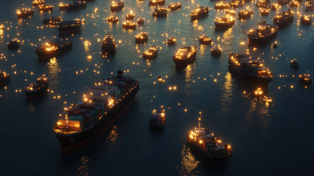 A stunning visual of multiple illuminated ships on the water at night, capturing the beauty of maritime activities and creating a lively, tranquil atmosphere.の素材