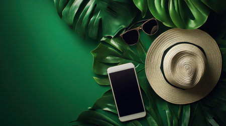 Embrace summer with this flat lay featuring a smartphone, sunglasses, and a straw hat arranged among lush green leaves, perfect for vacation planning or lifestyle inspiration.の素材