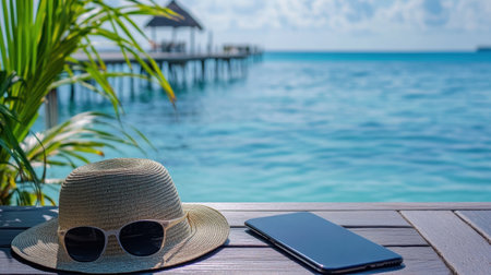 A tranquil summer scene featuring a sun hat, sunglasses, and a smartphone on a wooden surface, with a stunning turquoise ocean view inviting relaxation and leisure.の素材