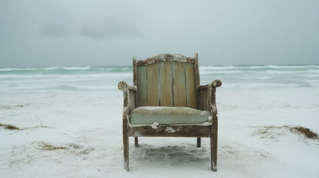 A vintage chair stands alone on a tranquil beach, surrounded by soft sand and gentle waves, creating a striking contrast and evoking feelings of solitude and peace.の素材