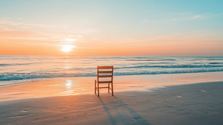 A serene beach scene featuring a wood chair on the shore at sunset, inviting viewers to experience the tranquility and beauty of nature by the ocean.の素材