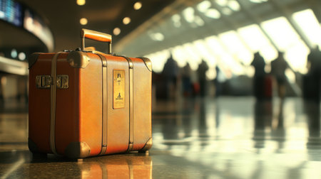 A nostalgic vintage suitcase rests on the polished airport floor, capturing the essence of travel. Travelers bustle in the blurred background, emphasizing the excitement of adventure.の素材