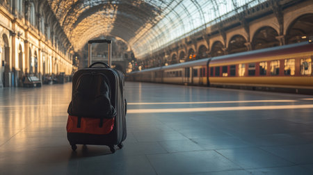 A lone black suitcase awaits in a striking train station, blending modern travel with classic architectural elements and natural light, perfect for journey-themed visuals.の素材