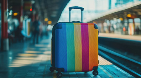 A bright and colorful suitcase rests on a train platform, inviting thoughts of travel and adventure. Its vibrant design contrasts with the blurred urban backdrop, inspiring wanderlust.の素材