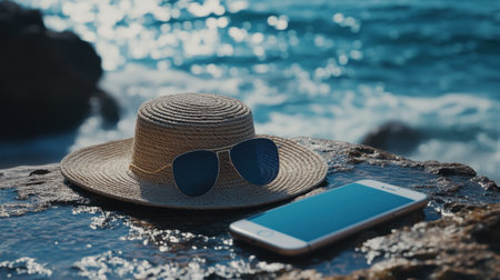 A serene scene featuring a straw hat and sunglasses beside a smartphone on a coastal rock, capturing the essence of summer relaxation by the ocean waves.の素材