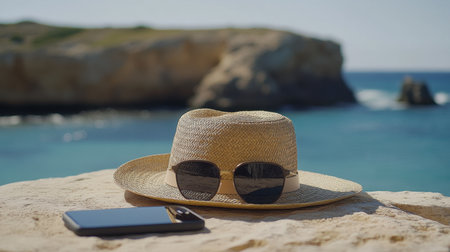 A stylish straw hat and sunglasses sit on a rock by the sparkling blue sea, encapsulating the essence of summer relaxation and carefree beach vibes. Perfect for coastal escapes.の素材