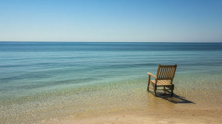 A peaceful seaside view featuring a solitary wooden chair placed gently on the sand, offering a serene spot to contemplate the beauty of nature and enjoy quiet moments by the water.の素材
