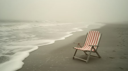 A serene beach scene featuring a striped deck chair set against a foggy backdrop. Gentle waves caress the shore, creating a peaceful atmosphere perfect for relaxation.の素材