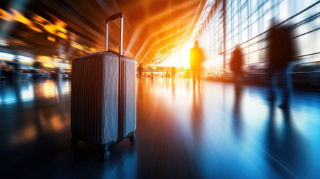 A suitcase awaits in a bustling airport terminal during sunset, signifying travel and adventure amidst the anticipation of numerous journeys ahead.の素材