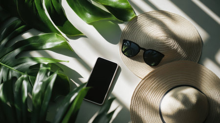 A beautiful flat lay image showcasing straw hats, sunglasses, and a smartphone among lush green leaves, creating a serene summer vibe perfect for lifestyle and travel themes.の素材