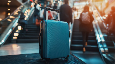 A vibrant blue suitcase highlights a bustling airport atmosphere, capturing the spirit of travel amidst busy travelers and escalators, evoking a sense of adventure.の素材