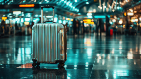 A shiny silver suitcase stands alone on the polished airport floor, illuminated by ambient lighting and surrounded by a blurred background, evoking a sense of anticipation for travelers.の素材