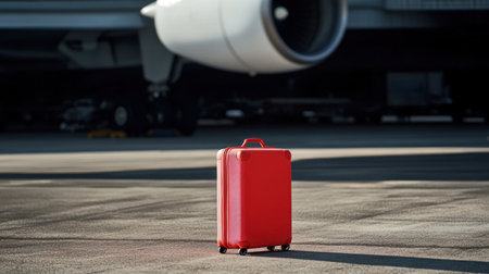 A vibrant red suitcase stands alone on the tarmac beside a large airplane, encapsulating the excitement of embarking on new travel adventures and journeys.の素材