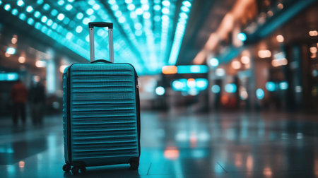 A stylish suitcase stands alone in a modern airport, surrounded by vibrant blue lighting, creating an inviting atmosphere for travelers ready to embark on their next adventure.の素材