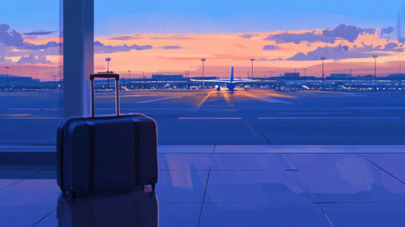 A peaceful airport scene at sunset showcases a suitcase waiting at the terminal. The colorful sky and parked airplanes create a tranquil atmosphere perfect for travel dreams.の素材