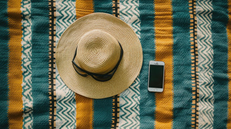 A stylish straw hat, chic sunglasses, and a smartphone rest on a colorful blanket, evoking a sense of summer relaxation and leisure by the beach under the sun.の素材