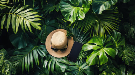 A top-down view of a trendy summer scene featuring a straw hat, dark sunglasses, and a smartphone nestled among lush tropical leaves, perfect for capturing summer lifestyle vibes.の素材