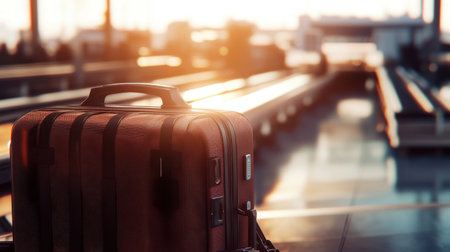 A warm-toned image of brown luggage in an empty airport terminal, evoking feelings of anticipation and adventure during sunset. Ideal for travel-themed content.の素材