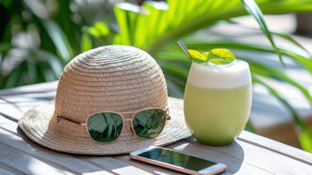 A vibrant green drink sits on a wooden table beside a stylish straw hat and sunglasses, highlighting a perfect blend of summer leisure and nature ambiance ideal for lifestyle photography.の素材