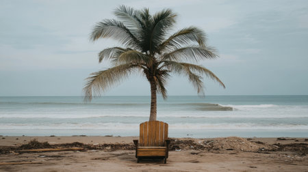 A serene beach scene with a single wooden chair beneath a palm tree, waves gently lapping at the shore under a calm sky, inviting relaxation and peaceful moments by the sea.の素材