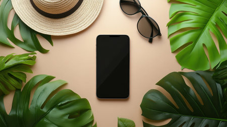 A serene flat lay arrangement featuring a smartphone, sunglasses, and lush tropical leaves on a beige surface, perfect for summer-themed projects and creative inspiration.の素材