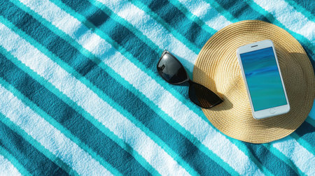 A serene summer composition featuring a mobile phone, stylish sunglasses, and a light straw hat placed on a bright striped beach towel, perfect for sunny days and vacations.の素材