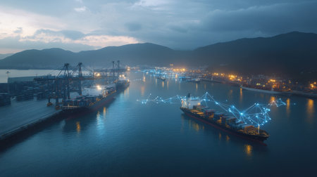 A captivating aerial view of a bustling port at dusk, showcasing cargo vessels and the intricate digital network symbolizing global trade and connectivity within the shipping industry.の素材