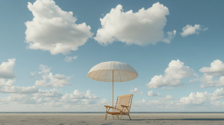 Enjoy a tranquil beach scene with a rattan chair and a white umbrella, set against a backdrop of soft clouds and a clear blue sky, creating a perfect relaxation spot.の素材