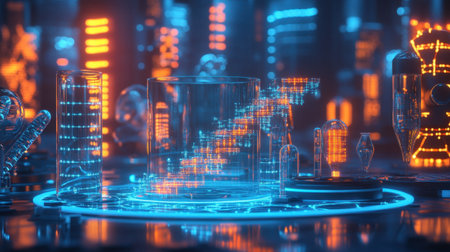 A striking futuristic laboratory scene showcases glowing glassware and advanced technology set against a neon blue and orange background, emphasizing innovation and digital design.の素材