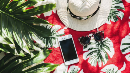 A vibrant summer setup featuring a hat, sunglasses, and a smartphone resting on a tropical blanket, framed by lush green leaves, evoking vacation vibes and relaxation.の素材