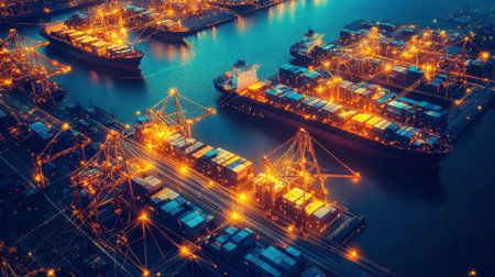 Captured from above, this stunning image illustrates a vibrant port scene at night, with illuminated cargo ships, cranes, and water reflections that highlight urban activity and maritime logistics.の素材