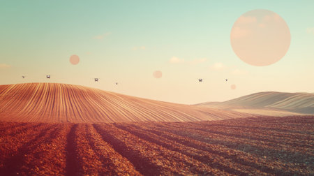 This captivating image features an expansive agricultural landscape with rolling hills, distant drones, and a soft pastel sky, highlighting the blend of technology and nature in farming.の素材