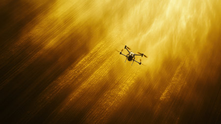 A captivating aerial view of a drone soaring high against a breathtaking golden sunset sky, evoking feelings of adventure and freedom in a splendid natural setting.の素材