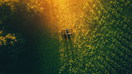 This stunning aerial image captures a drone flying above a vibrant green agricultural field, illuminated by golden sunlight. A perfect blend of technology and nature.の素材