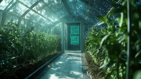 A stunning view of a futuristic greenhouse filled with vibrant plants, emphasizing the integration of cutting-edge technology with environmentally sustainable practices in modern agriculture.の素材
