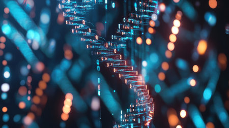 Stunning abstract representation of a DNA helix intertwined with glowing binary code, symbolizing the fusion of biology and technology in modern scientific exploration.の素材