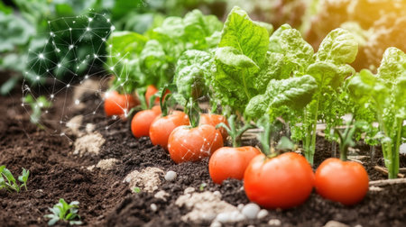 A picturesque garden showcasing ripe tomatoes and lush spinach, symbolizing healthy living. The vibrant colors reflect natureの素材