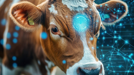 A cow adorned with digital features represents the intersection of livestock and technology, illustrating advancements in agricultural practices and promoting sustainable farming solutions.の素材