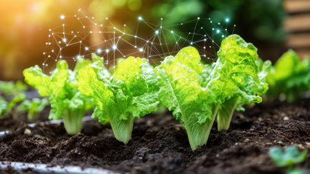 A vibrant scene of fresh lettuce plants growing in rich soil, enhanced by a digital network overlay symbolizing the fusion of agriculture and technology for eco-friendly practices.の素材