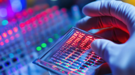 A researcher in a laboratory carefully holds a glass slide displaying intricate DNA sequencing patterns illuminated by vibrant colors, showcasing advanced scientific analysis.の素材
