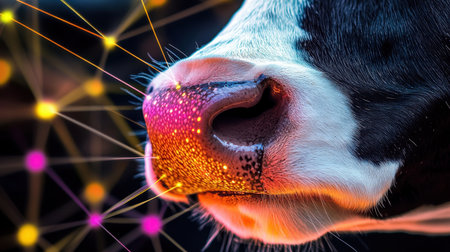 Captivating close-up of a cow's nose, enhanced by an abstract colorful background. This striking image symbolizes the fusion of agriculture and technology in modern farming practices.の素材