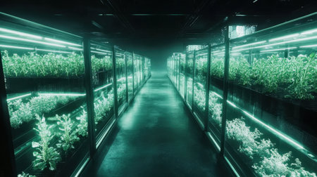 A striking view of a modern indoor hydroponic farm, illuminated by neon lights, featuring rows of healthy green plants, representing the future of sustainable agriculture and innovative growth methods.の素材