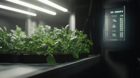 This image features a modern indoor hydroponic garden filled with vibrant green plants illuminated by LED lights, highlighting sustainable farming techniques and innovative technology.の素材