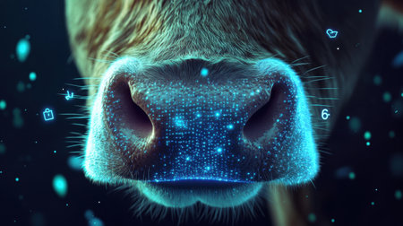 Artistic close-up of a cow's nose featuring ethereal digital elements, merging nature with technology, reflecting innovation in agriculture and unique visual expression.の素材