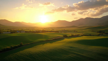 This breathtaking image captures a stunning sunset over lush green hills, showcasing vibrant colors in the sky and illuminating the tranquil landscape. Perfect for nature themes.の素材